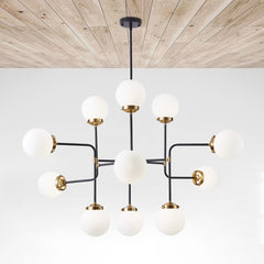 Chandelier, 12-Light with White Glass Shades in Gold Finish