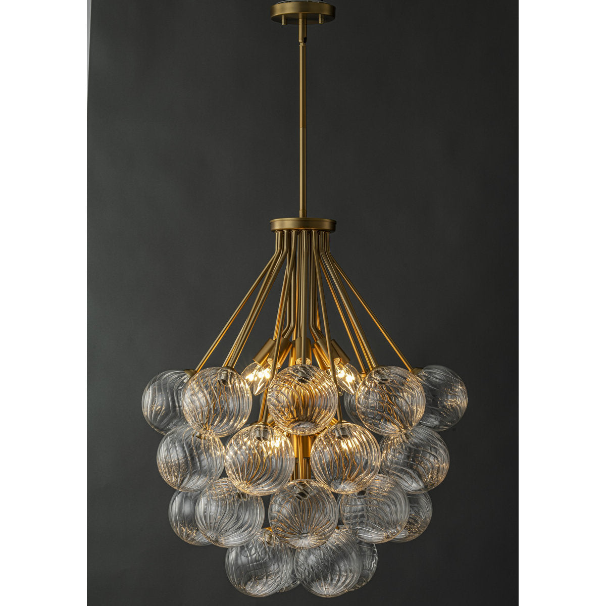 Chandelier, 12 Lights, Gold Metal with Clear Ribbed Glass Globes