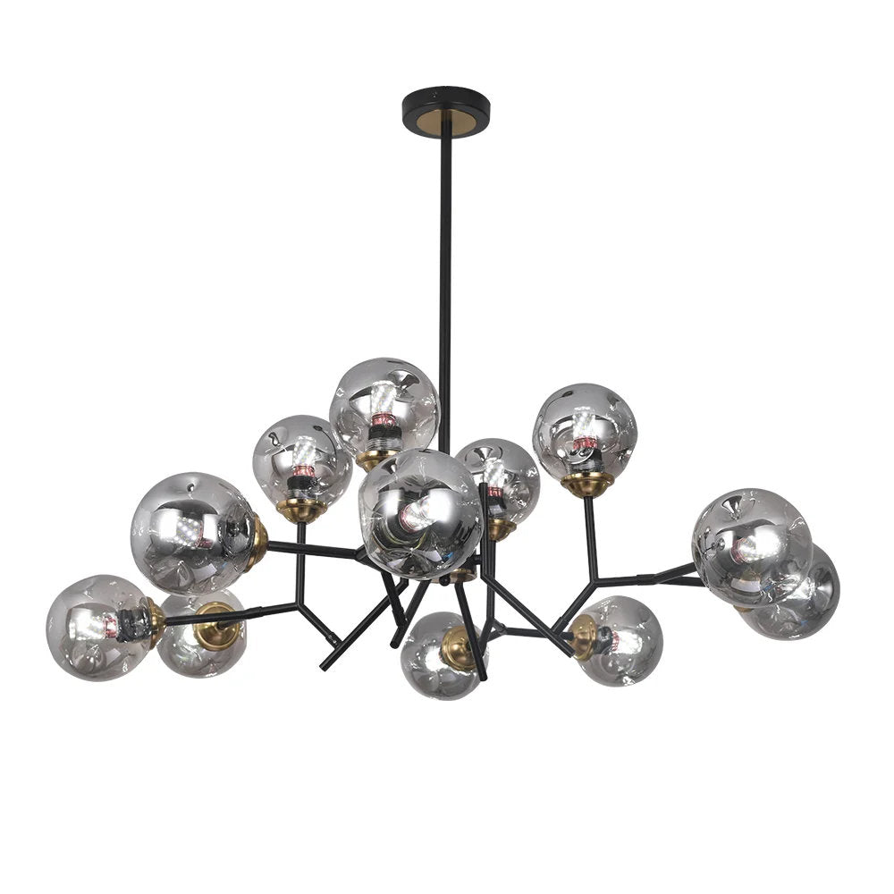Chandelier, 12 Lights in Matte Black Iron with Glass Globes
