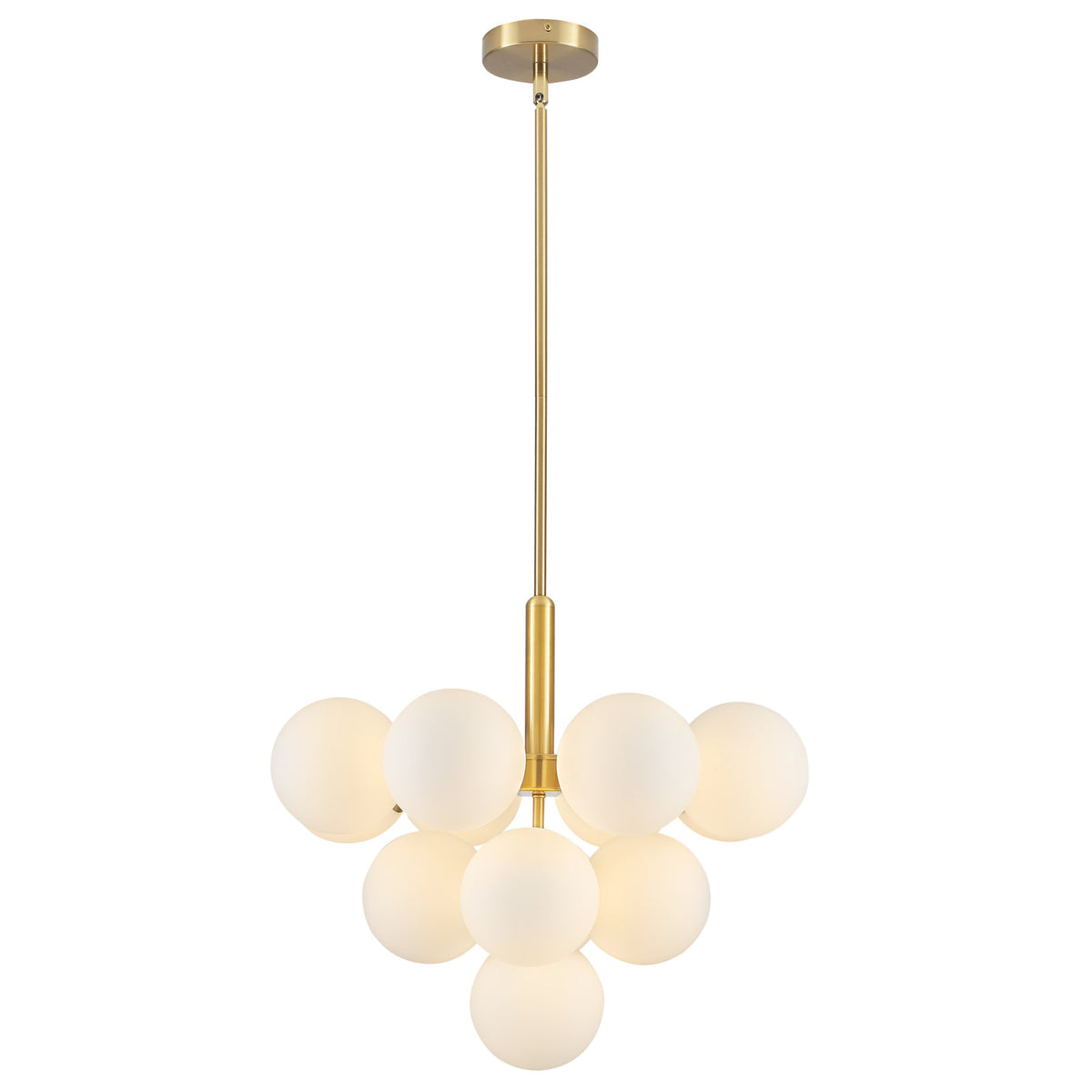 Chandelier, 13 Lights, Brass Metal with White Frosted Glass Shades