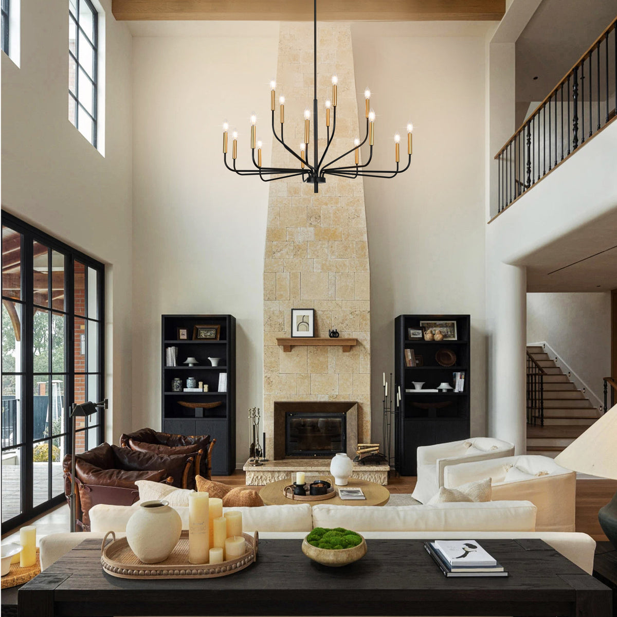 Chandelier, 15-Light Two-Tier Metal in Matte Black and Gold