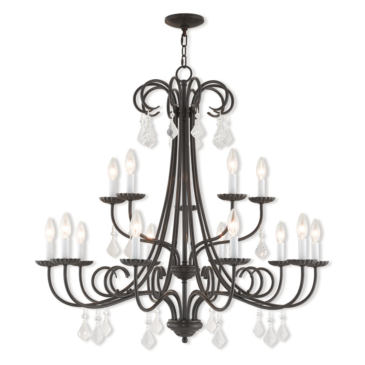 Chandelier, 15-Light Two-Tier Steel with Crystal Beads in English Bronze
