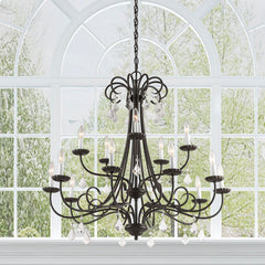 Chandelier, 15-Light Two-Tier Steel with Crystal Beads in English Bronze