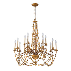 Chandelier, 15 Lights, Antiqued Gold Metal with Resin Swags