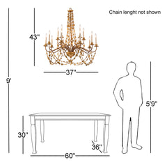 Chandelier, 15 Lights, Antiqued Gold Metal with Resin Swags