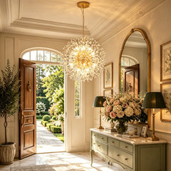 Chandelier, 16-Light Spherical Metal with Crystal Accents in Gold