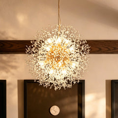 Chandelier, 16-Light Spherical Metal with Crystal Accents in Gold
