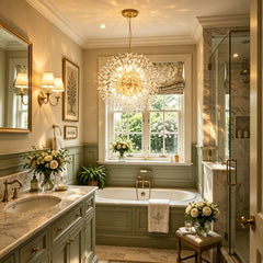 Chandelier, 16-Light Spherical Metal with Crystal Accents in Gold