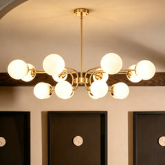 Chandelier, 16-Light Two-Tier, Opal White Glass Shades in Gold Finish