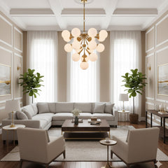 Chandelier, 18-Light, Copper Iron with White Glass Shades