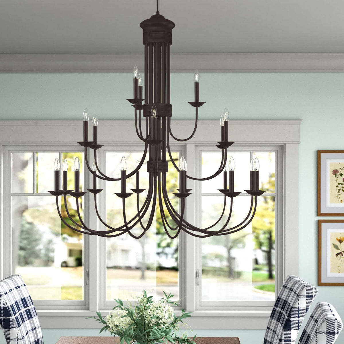 Chandelier, 21-Light Steel with 3 Tiers in Bronze