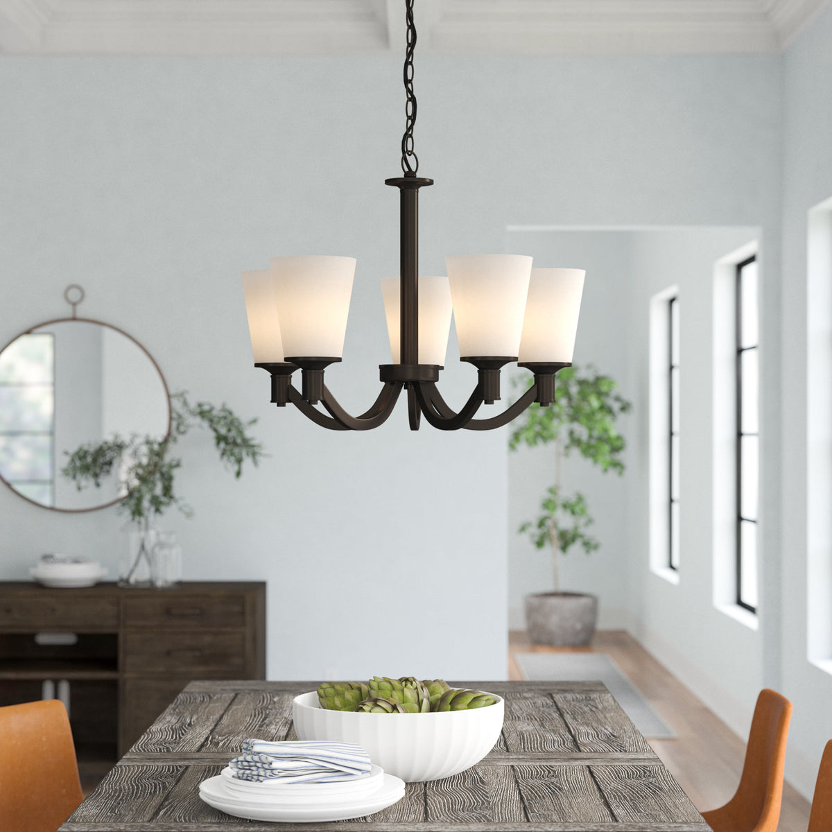 Chandelier, 23 Inch Metal with Frosted Glass Shades in Forest Bronze