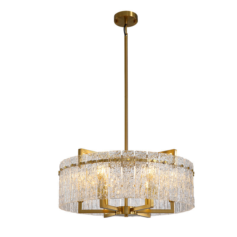 Chandelier, 24 in Drum Shade, Gold Finish with Rippled Glass