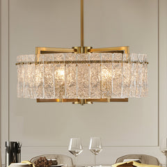 Chandelier, 24 in Drum Shade, Gold Finish with Rippled Glass