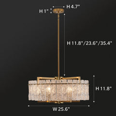 Chandelier, 24 in Drum Shade, Gold Finish with Rippled Glass