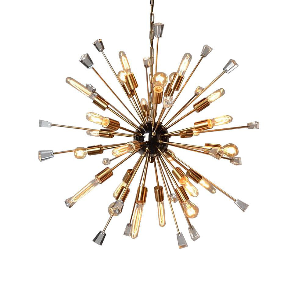 Chandelier, 24-Light Sunburst Style in Gold Metal with Crystal Glass