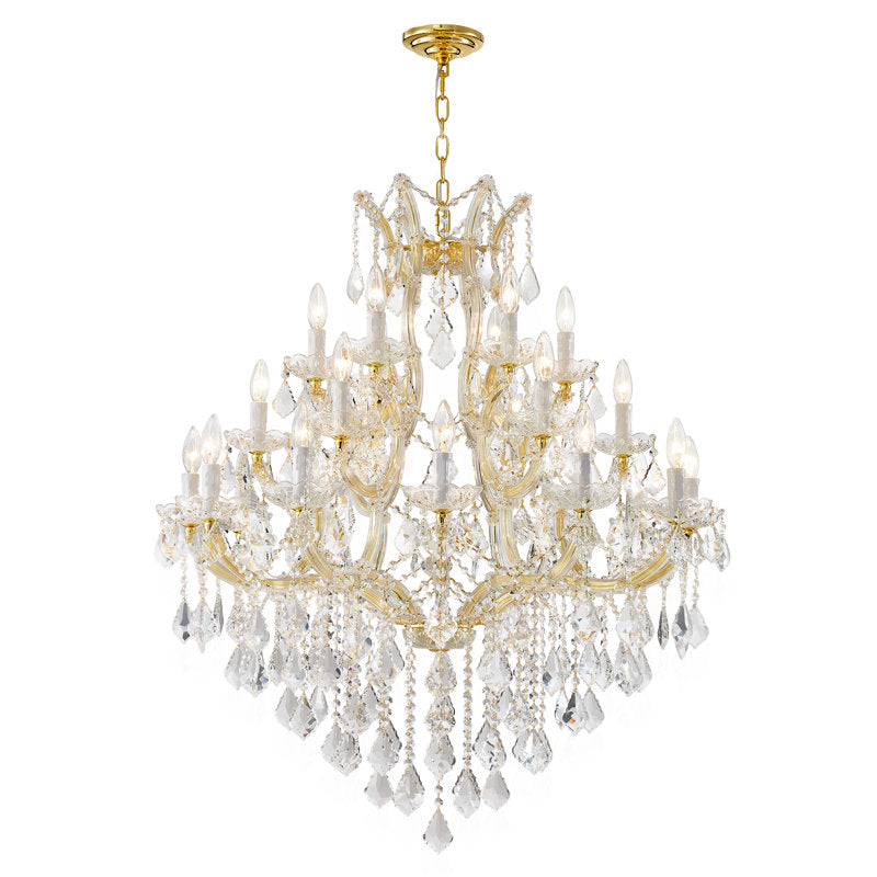 Chandelier, 24-Light Tiered, Gold Steel with Clear Crystals