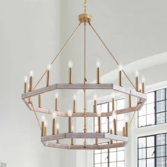 Chandelier, 28-Light Metal with Two Wagon Wheel Tiers, Gold