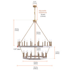 Chandelier, 28-Light Metal with Two Wagon Wheel Tiers, Gold