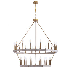 Chandelier, 28-Light Metal with Two Wagon Wheel Tiers, Gold