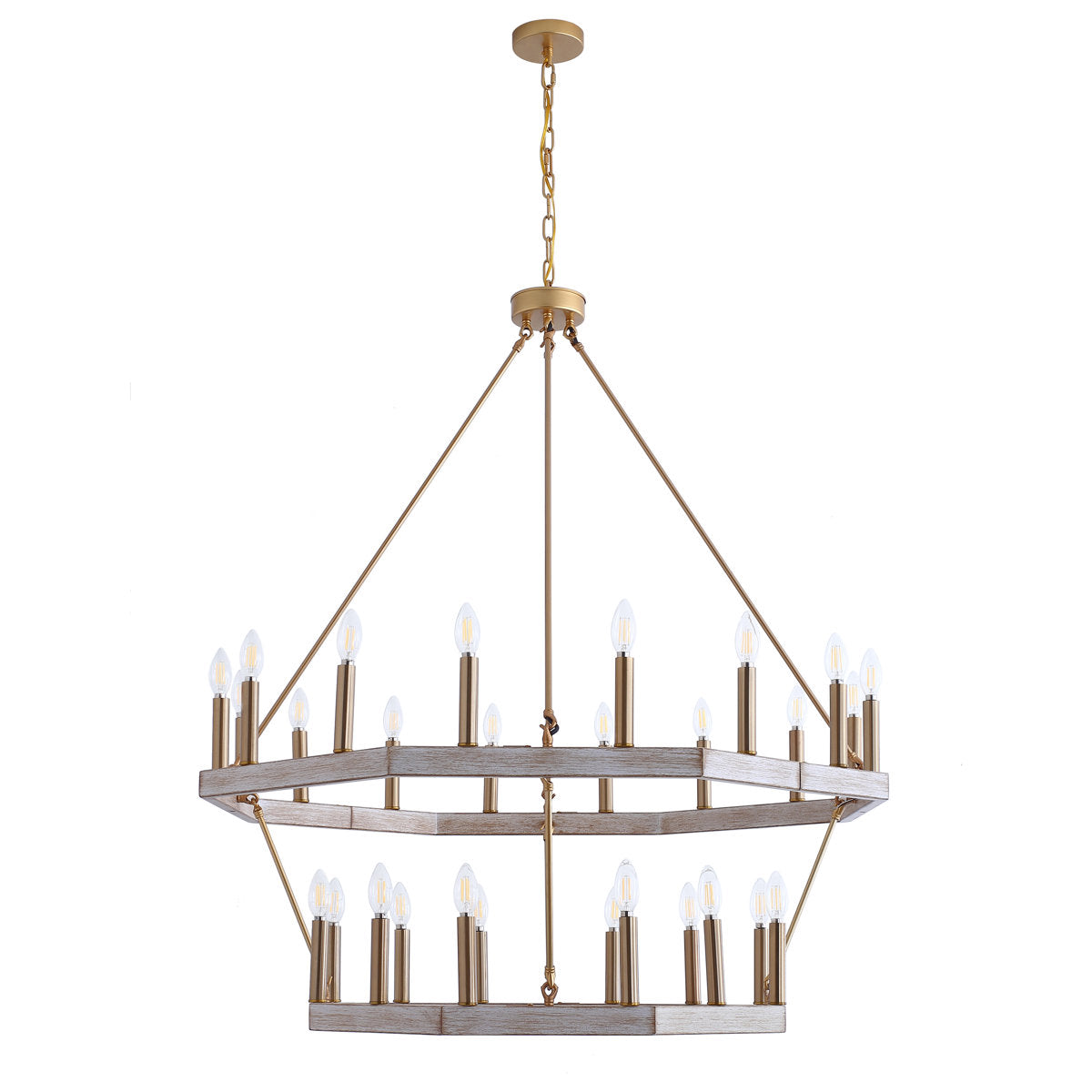 Chandelier, 28-Light Metal with Two Wagon Wheel Tiers, Gold