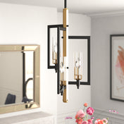 Chandelier, 3-Light, Black and Antique Brass Metal with Clear Glass Shade