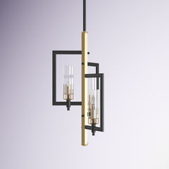Chandelier, 3-Light, Black and Antique Brass Metal with Clear Glass Shade