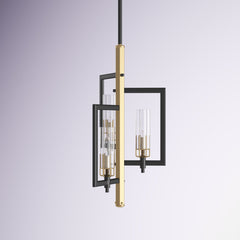 Chandelier, 3-Light, Black and Antique Brass Metal with Clear Glass Shade