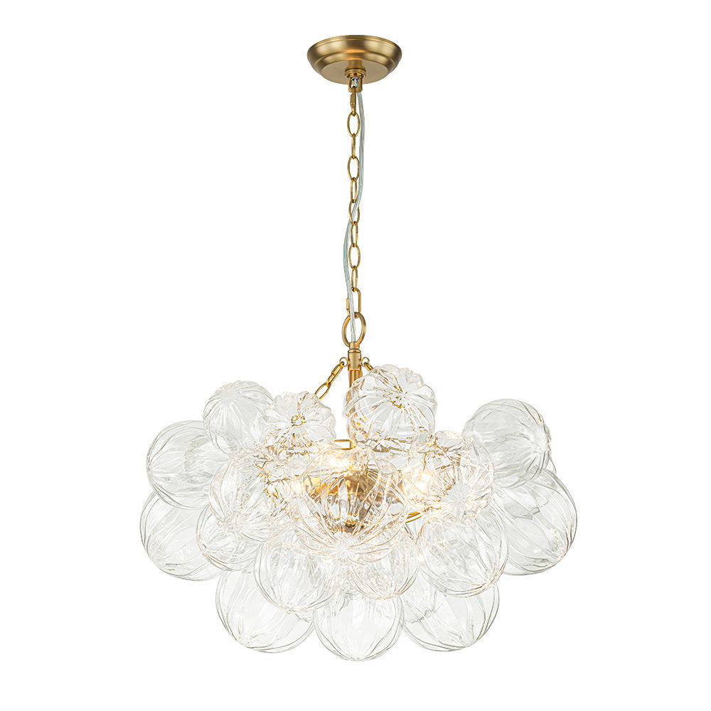 Chandelier, 3-Light, Brass Metal Frame with Clear Ribbed Glass Shades