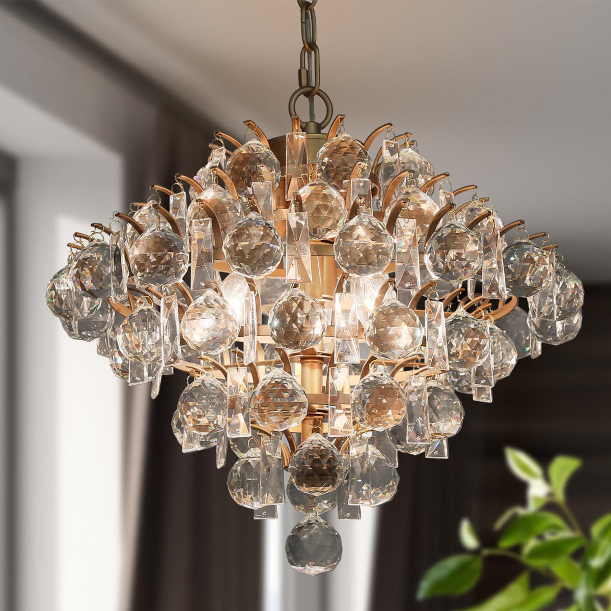 Chandelier, 3-Light, Brass with Clear Crystal Glass Orbs