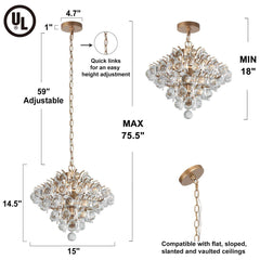 Chandelier, 3-Light, Brass with Clear Crystal Glass Orbs