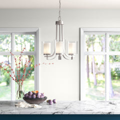 Chandelier, 3-Light, Brushed Nickel Metal with Clear and Etched White Glass Shades