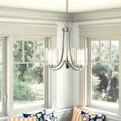 Chandelier, 3-Light, Brushed Nickel Metal with Clear and Etched White Glass Shades