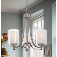 Chandelier, 3-Light, Brushed Nickel Metal with Clear and Etched White Glass Shades