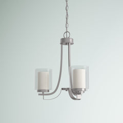 Chandelier, 3-Light, Brushed Nickel Metal with Clear and Etched White Glass Shades