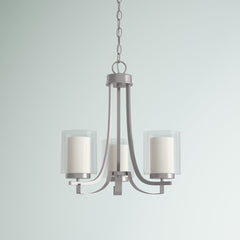 Chandelier, 3-Light, Brushed Nickel Metal with Clear and Etched White Glass Shades