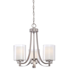 Chandelier, 3-Light, Brushed Nickel Metal with Clear and Etched White Glass Shades