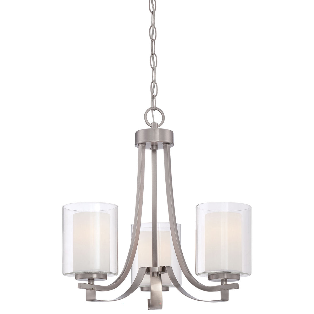 Chandelier, 3-Light, Brushed Nickel Metal with Clear and Etched White Glass Shades