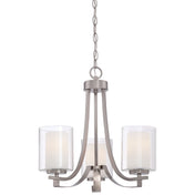 Chandelier, 3-Light, Brushed Nickel Metal with Clear and Etched White Glass Shades
