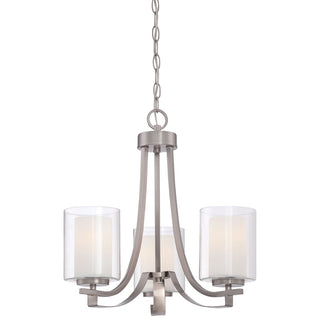 Chandelier, 3-Light, Brushed Nickel Metal with Clear and Etched White Glass Shades