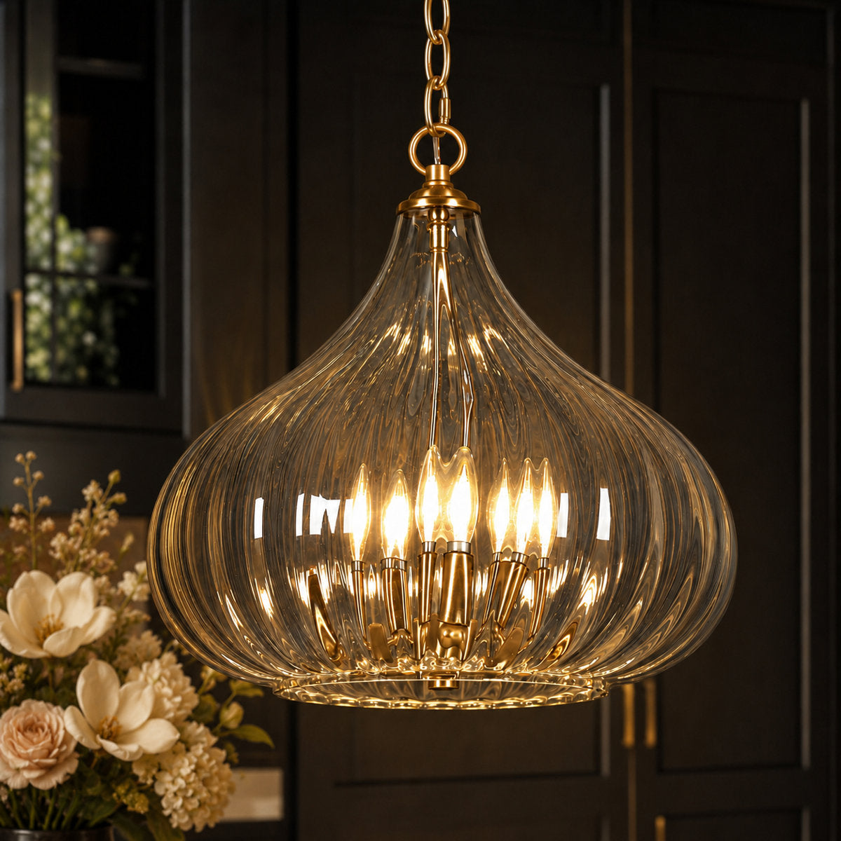 Chandelier, 3-Light, Clear Glass Shade with Brass Finish