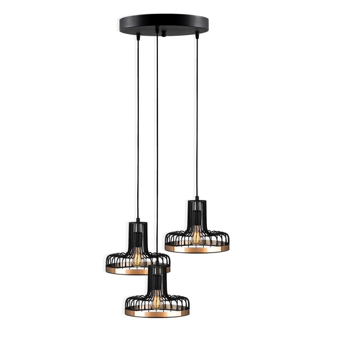 Chandelier, 3-Light Cluster Pendant, Black and Copper Metal