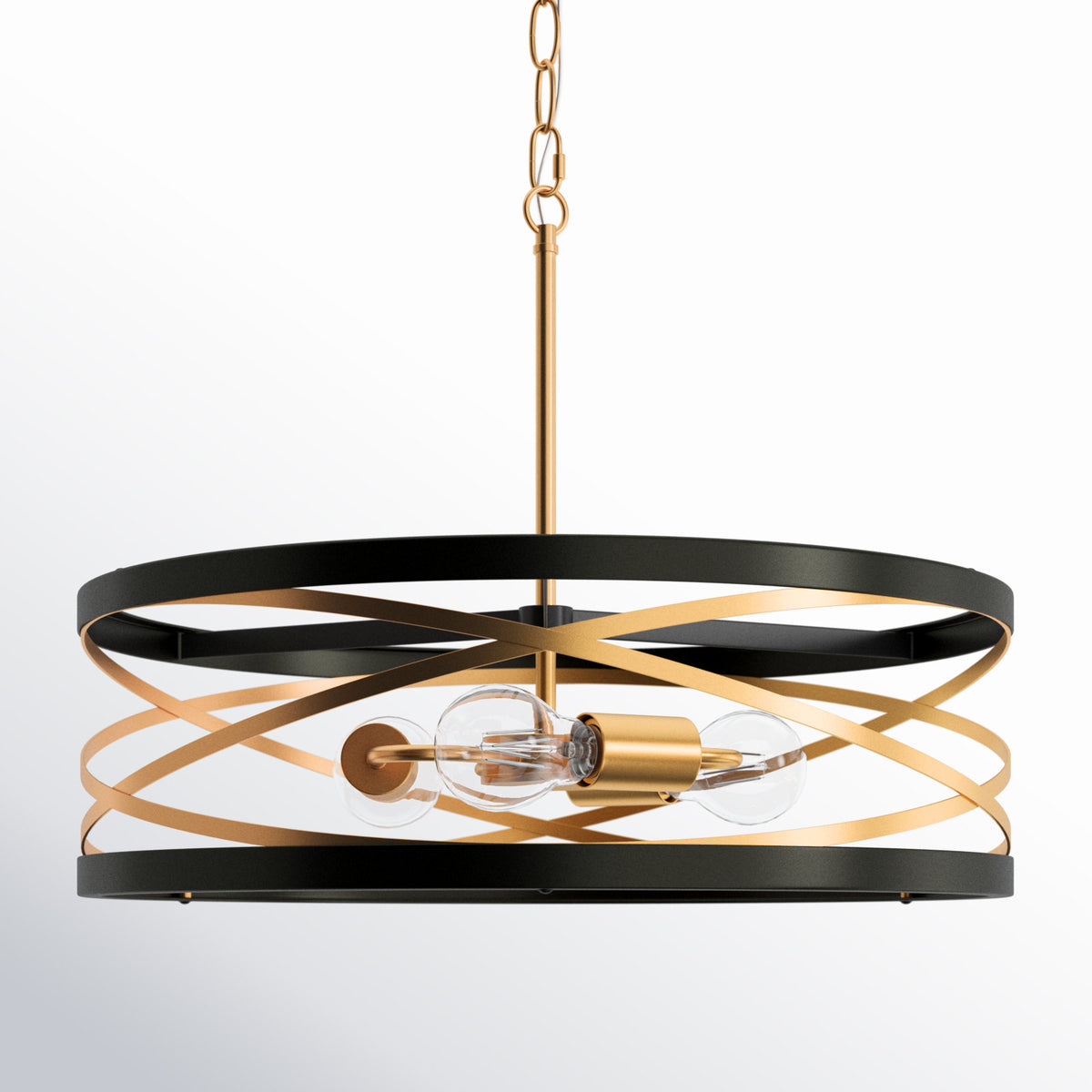 Chandelier, 3-Light Drum Cage in Matte Black and Gold Metal