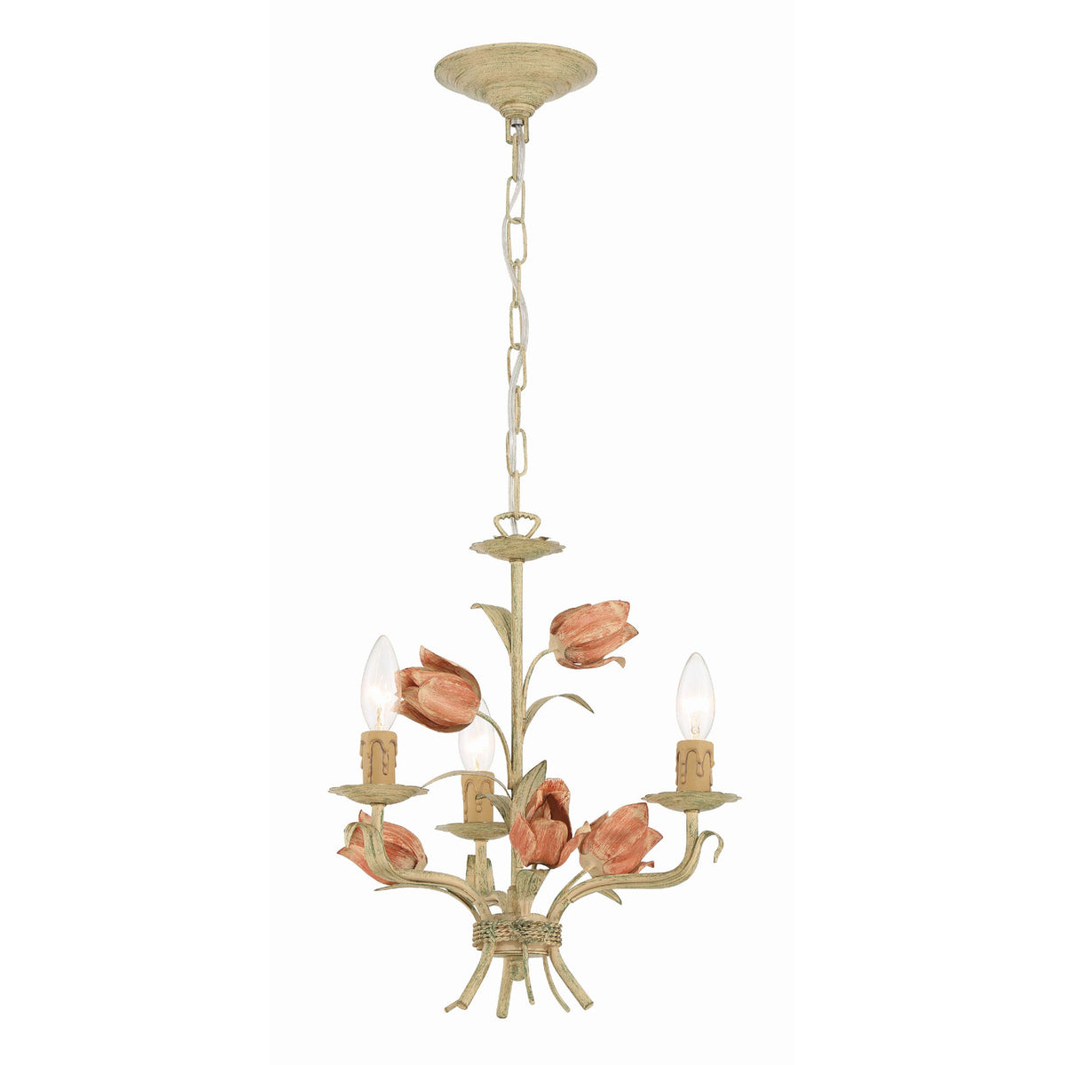 Chandelier, 3-Light, Sage Metal with Hand Painted Flowers