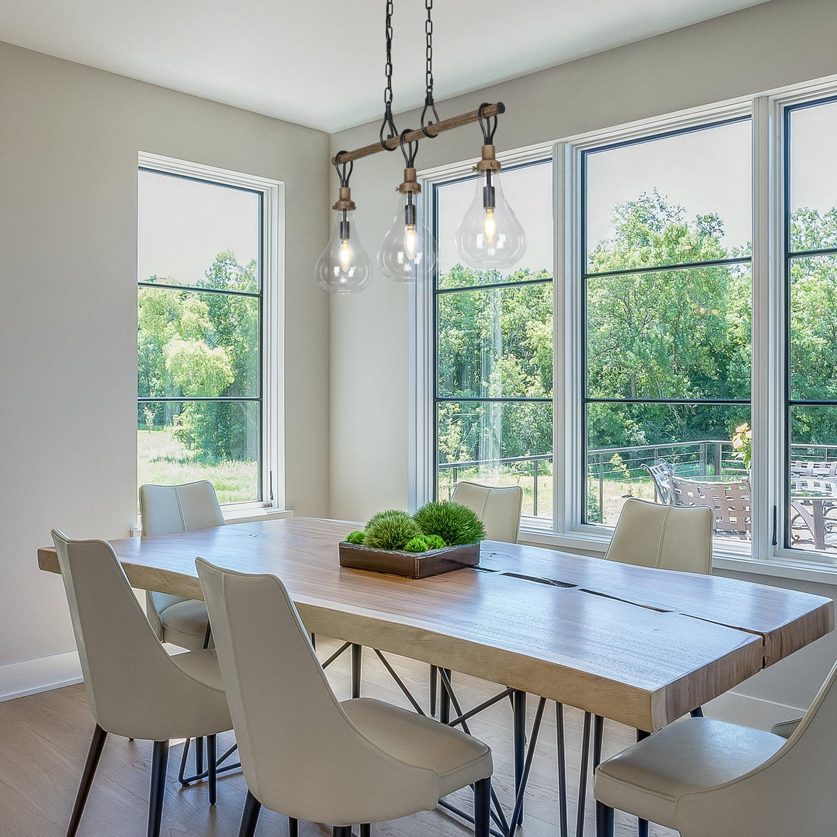 Chandelier, 3-Light, Solid Wood and Metal with Clear Glass Shades