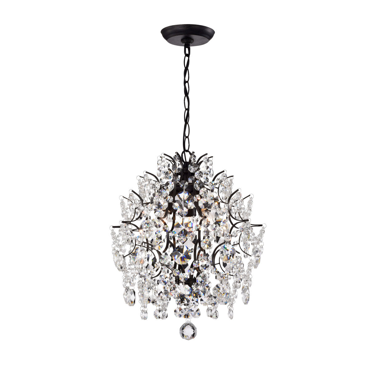 Chandelier, 3-Light Sphere in Antique Black Metal with Crystal Accents