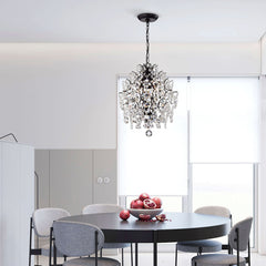 Chandelier, 3-Light Sphere in Antique Black Metal with Crystal Accents