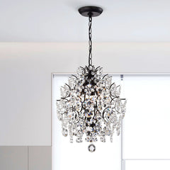 Chandelier, 3-Light Sphere in Antique Black Metal with Crystal Accents