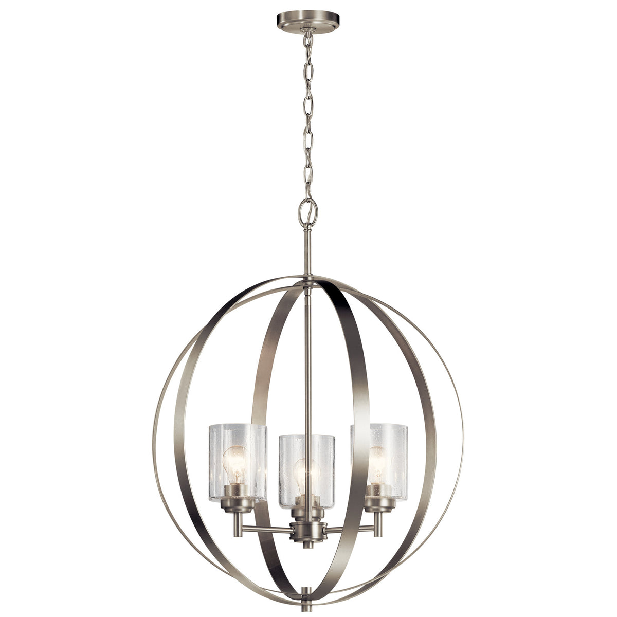 Chandelier, 3-Light Sphere in Brushed Nickel with Clear Seeded Glass Shade
