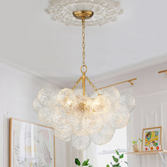 Chandelier, 3-Light with Water Glass Globes in Brushed Brass